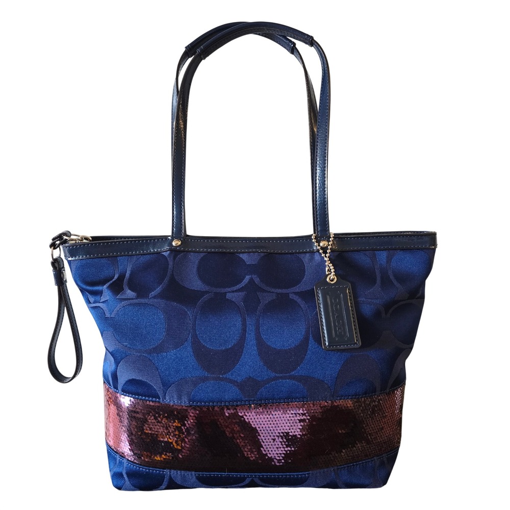 Coach Signature Poppy Blue Satin Sequin Tote Bag F17574 Cobalt Blue  Womens